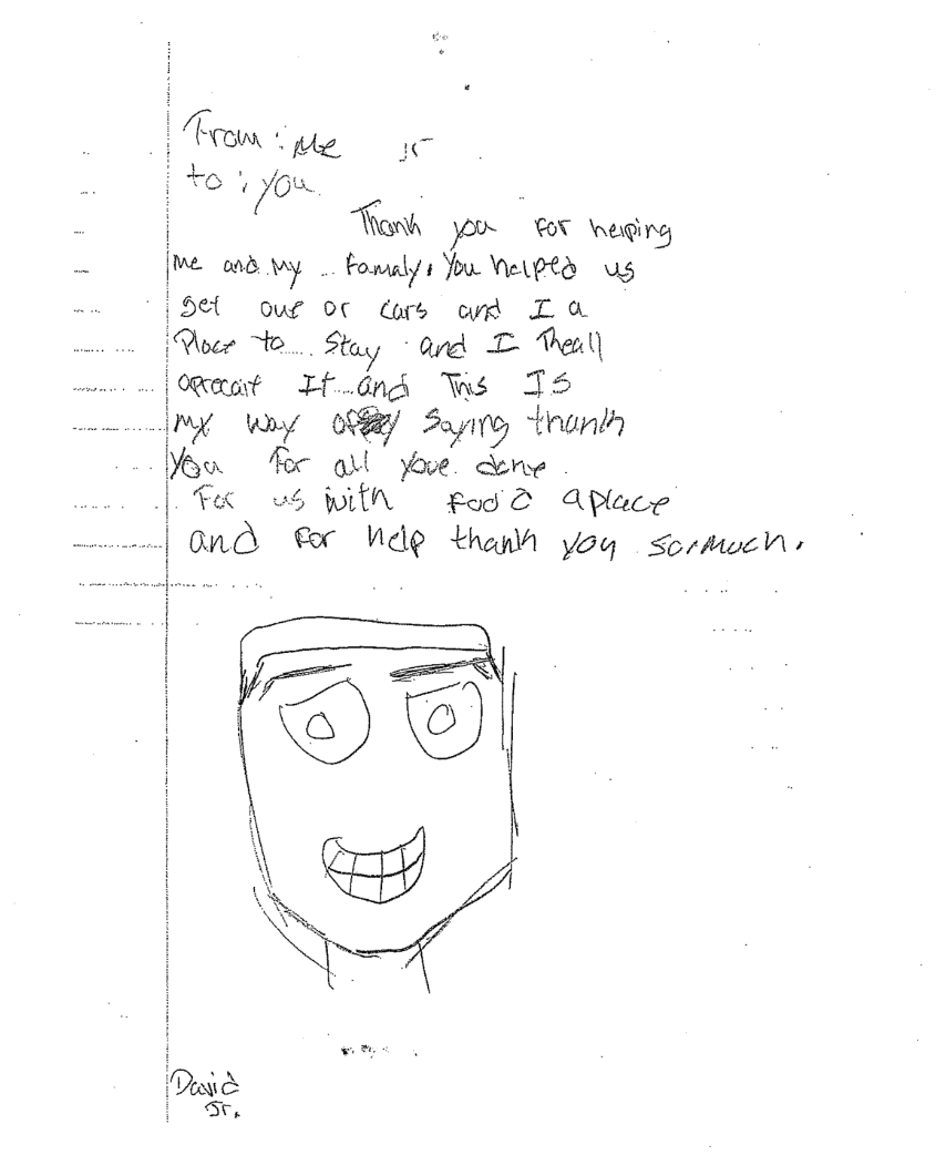 A handwritten thank you letter to Sacred Heart House